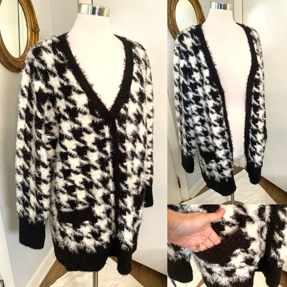Isaac Mizrahi Live 2X Plus black white Houndstooth cardigan sweater Cozycore - Picture 11 of 14